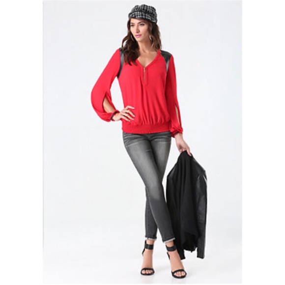 Bebe Red Veronica Blouson Leather Shoulder Top - Picture 2 of 11